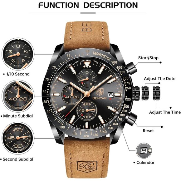 ⚡Watches for Men Analog Quartz Chronograph 30M Waterproof Luminous Big Face - Picture 5 of 9